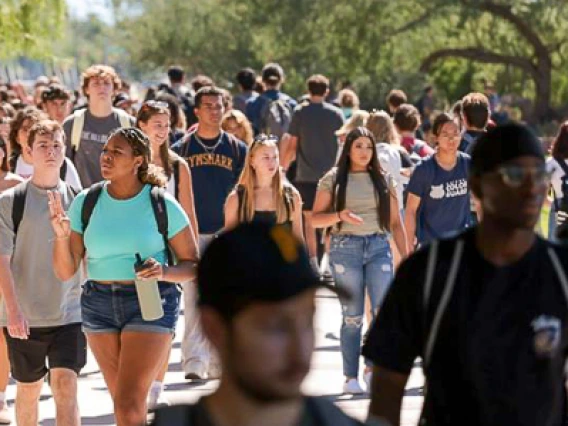 Students walking across campus