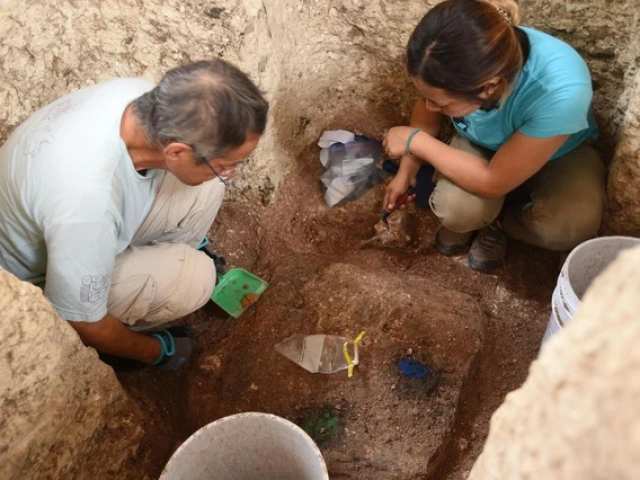 archaeologists crouching in a hole in the ground and digging around artifacts buried in the ground