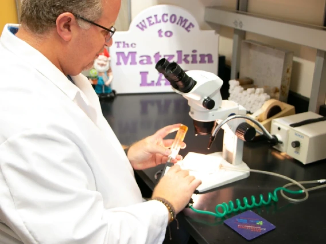 A researcher wearing a white lab coat works at a lab bench, examining a sample near a microscope. Behind him is a sign that reads "Welcome to the Matzkin Lab." Various lab equipment, including a microscope and coiled tubing, are visible on the bench.