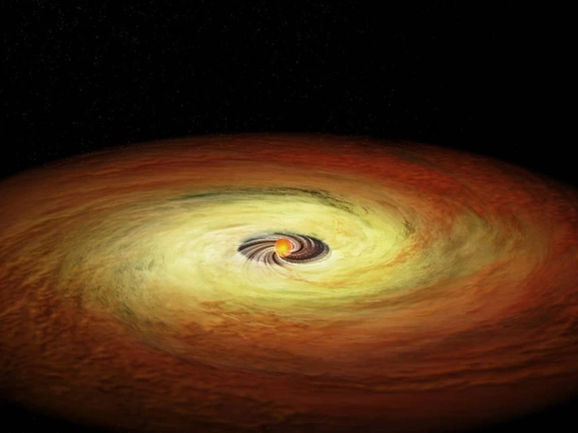 An artist's impression of a planet-forming disk, with its gas and dust illuminated in yellow and orange, swirling around a low-mass star. 